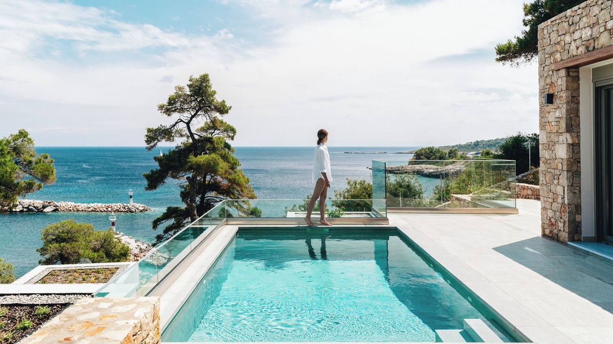 Ocean-front villa, private pool in Alonissos island, Greece. Panoramic sea view.