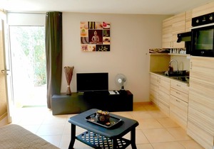 Gite saint julien in rez of garden with terrace swimming pool and games.