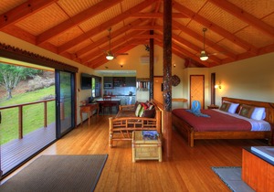 Luxury self-contained villa with king bed, double spa, fireplace, and kitchen.