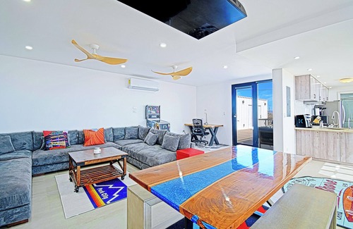 El Sargento House | 3 bedroom, 3 bath premium repurposed shipping container home with a Bullfrog X8 premium hot tub. Daily housekeeping (except Sundays) available for no additional fee. Free use of inflatable SUPs, beach chairs, a large sun shade & other beach toys.