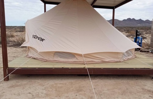 Alpine RV Rental | Amazing cozy, rustic open air Glamp tent under shade with WiFi, walk in fire pit