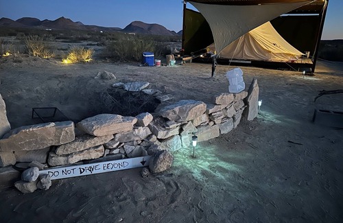 Alpine RV Rental | Amazing cozy, rustic open air Glamp tent under shade with WiFi, walk in fire pit