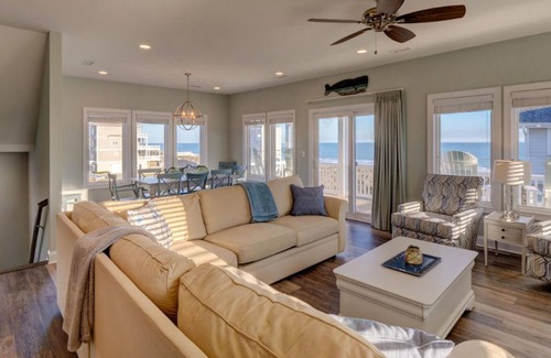 Village of Stump Sound House | Coastal home with ocean views, 3 decks, central AC, washer/dryer, & pool