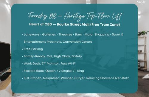 Melbourne Central Business District Apartment | Foundry Top Floor 2BR Loft Parking & Workspace