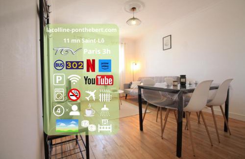 Pont-Hebert Apartment | Grand Parking gratuit, De 1 à 4 personnes, Tout équipé, Netflix, Amazon Prime Gratuits et Illimités, Matelas Emma, Lave Linge, Vue sur la Vallée, RDC