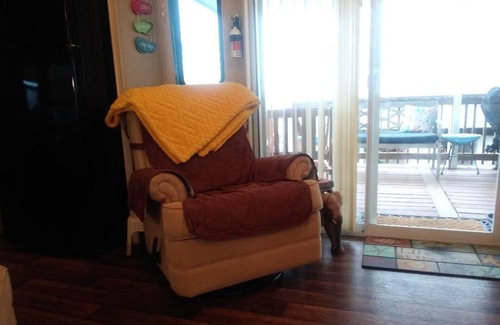 Sandbridge Cottage | Happy Place: sunset view of Back Bay from the sofa and deck- 5 min walk to Beach