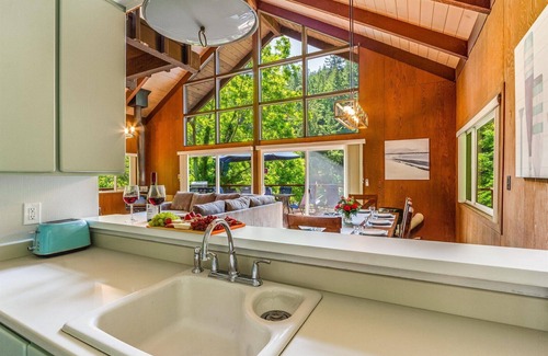Guerneville Cabin | Lazy RiverLodge: Dock & Decks! FUN Family Cabin on River! GmRm/WiFi/HotTub!