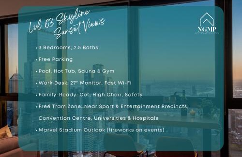 Melbourne Central Business District Apartment | Luxe 3BR Skyline Sunset Residence Level 63 - CBD Views, Parking, Pool, Sauna, Gym