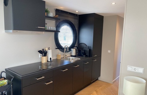 Stavoren Boat Rental | Luxury Houseboat with swim platform in colorful harbor
