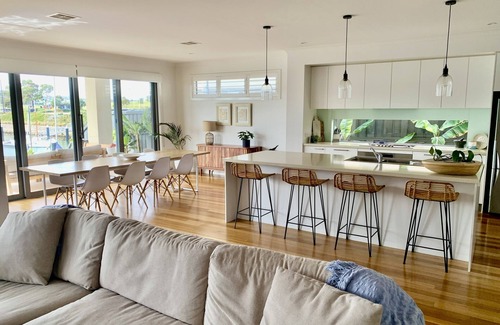 Safety Beach House | Marina-side Home with Pool and spa for magical Family Holiday. Sleeps 11