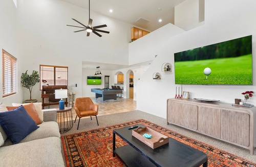 South Mountain House | NEW! Cozy Saguaro Heated Pool, Hot Tub, Mini Golf, Pool Table, Fire Pit, Arcade!