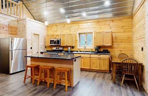 Tomahawk Cabin | New dog-friendly cabin with river views, grill, modern interior, W/D, and AC