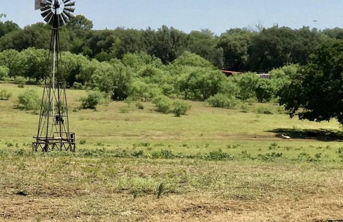 Gustine Cabin | Rustic cabin with peaceful view of windmill, pond and great sunsets. Gated.