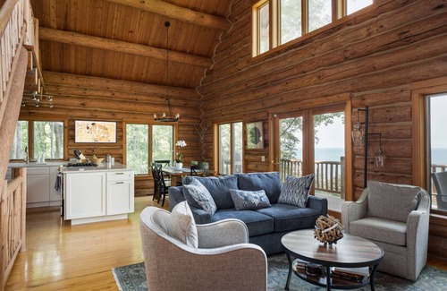 Lake Leelanau Cabin | Secluded Log Cabin Retreat on 11 Wooded Acres with Hot Tub & Lake Michigan Views