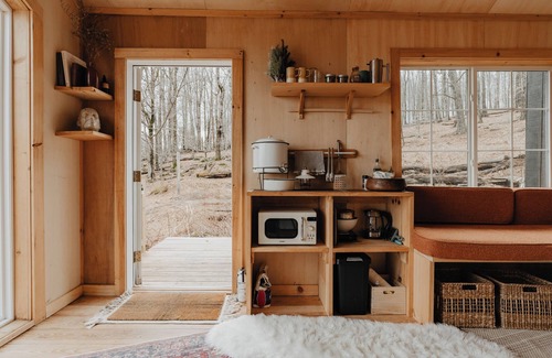 Liberty Cabin | Tiny cabin amongst trees on a farm with alpacas