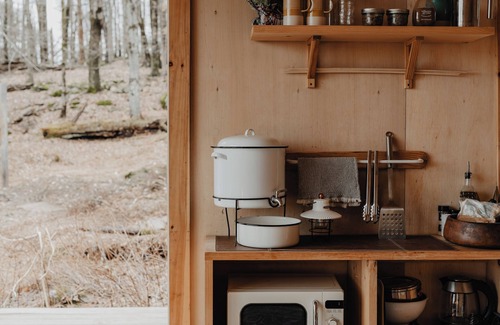 Liberty Cabin | Tiny cabin amongst trees on a farm with alpacas