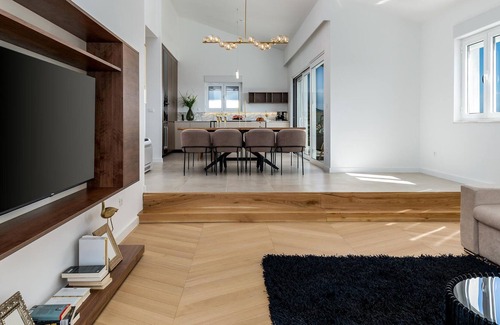 Mravince House | Vacation home with heated pool with covered terrace, stylish interior.