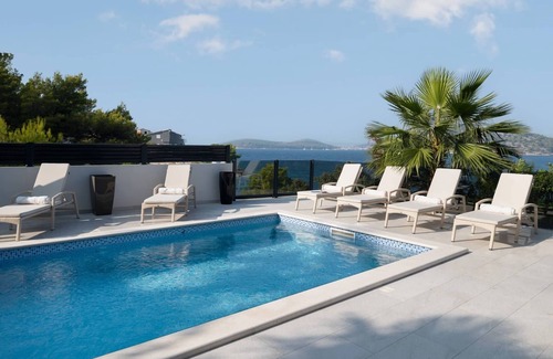 Razanj Villa | Villa Palm Bay 1 & 2, heated pool - 5 m from the sea, private parking, with stunning sea view, nice terrace, beach access.