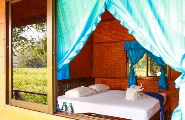 a room with rice fields view