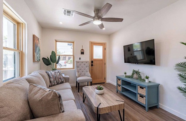 Located downtown this 1 bedroom 1 bathroom is fully remodeled with your own dedicated electric vehicle charger .
