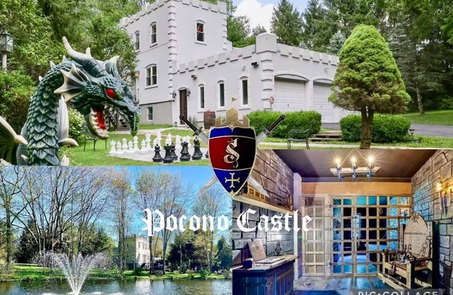 Luxury POCONO CASTLE w/ESCAPE ROOM, Private Pond, Boats, Sauna & Hot Tub