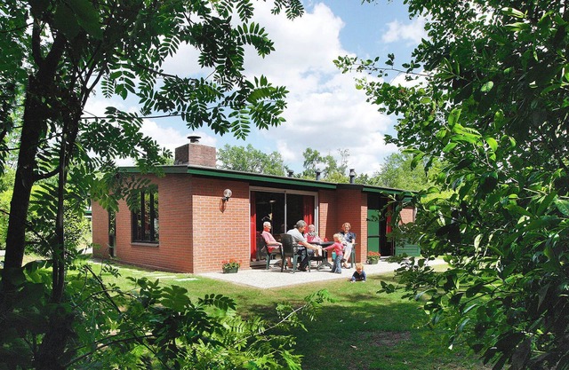 Nicely furnished bungalow with a fireplace and green area