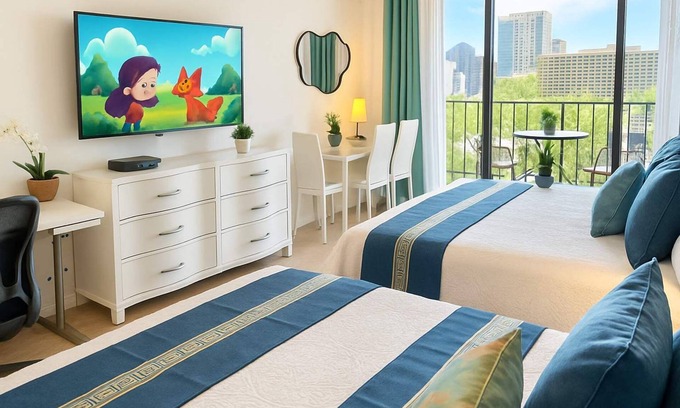 Waikiki Apartment | 1 Block to Beach! Waikiki Ocean View Large Studio with work space, 3 Beds
