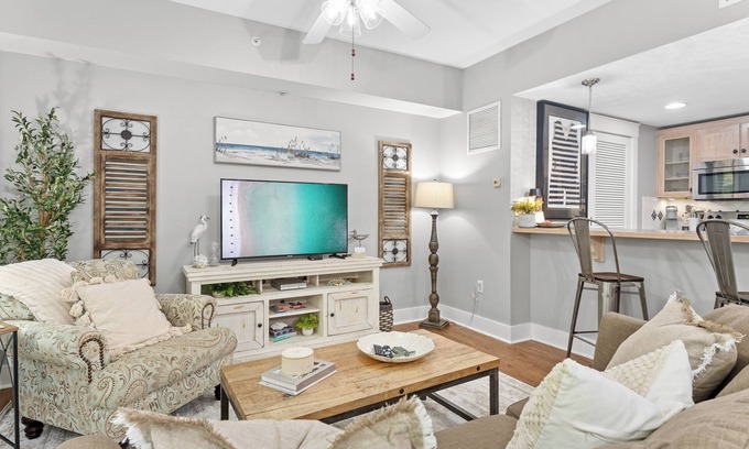 Baytowne Wharf Condo | 1BR Condo at Baytowne! Steps to Wharf, Tropical Pool & Hot Tub, Balcony View.