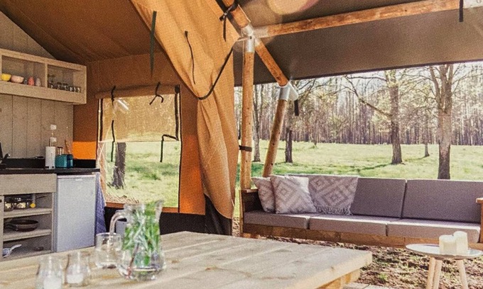 Sille-le-Philippe Cabin | 2 Lodge tents, "safari tent" inspiration, wood and canvas, side by side, 12 pers.