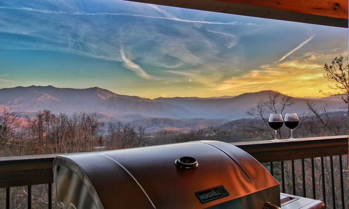 Chalet Village North Cabin | AMAZING Cabin! 5 Fireplaces! Covered Deck! STUNNING View! Hot Tub! Game Room!