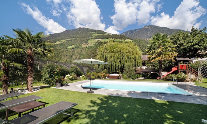 San Leonardo in Passiria Apartment | Apartment "Veilchen" with Mountain View, Pool, Wi-Fi, Balcony & Garden