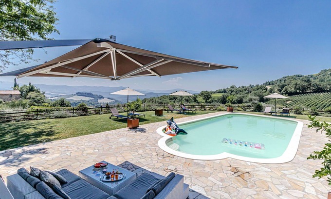 Montecatini Val di Cecina Villa | Beautiful private villa with private pool, WIFI, hot tub, A/C, TV, pets allowed and panoramic view