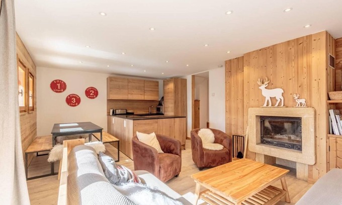 Plagne Soleil Ski Chalet | Chalet, ski-in/ski-out & foot of the slopes, 2nd floor, view resort, balcony, fireplace or stove, tv