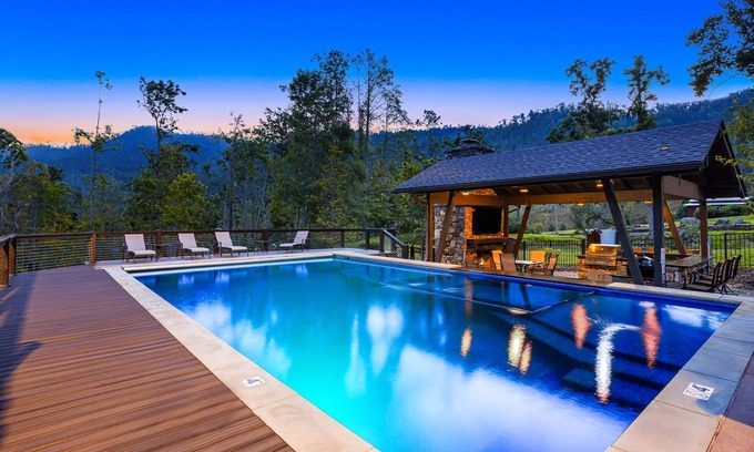 Asheville Cabin | Cool Stream Lodge | 6BR Estate w/Pool, Hot Tubs & Private Pond Near Asheville