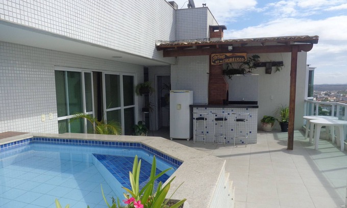 Praia do Morro Apartment | Coverage w / pool and barbecue for 15 people, 3 suites w / air cond.