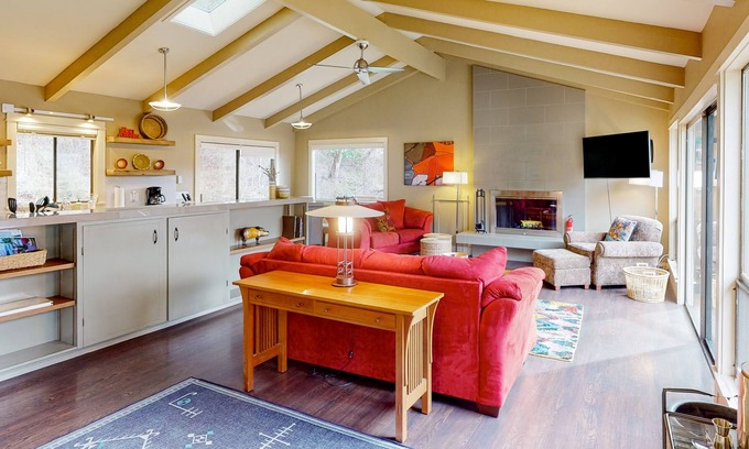 Orcas House | Dog-friendly forest cottage with a scenic deck, grill, fireplace, & central AC