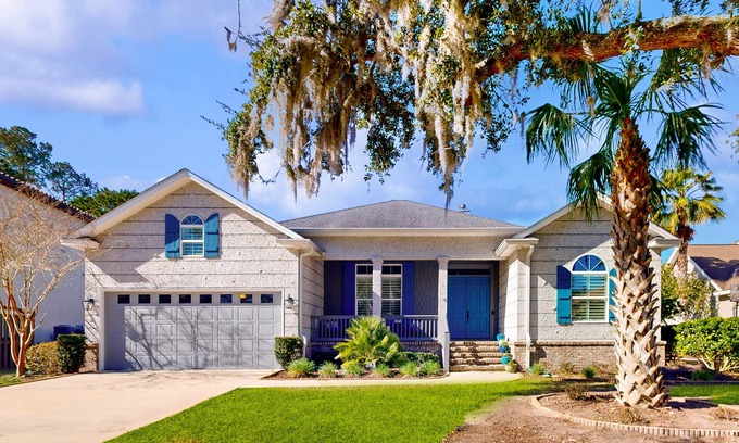 St. Simons Island House | Golf course-view home near beaches with deck, porch, grill, streaming, W/D, & AC