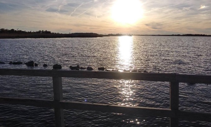 Sandbridge Cottage | Happy Place: sunset view of Back Bay from the sofa and deck- 5 min walk to Beach