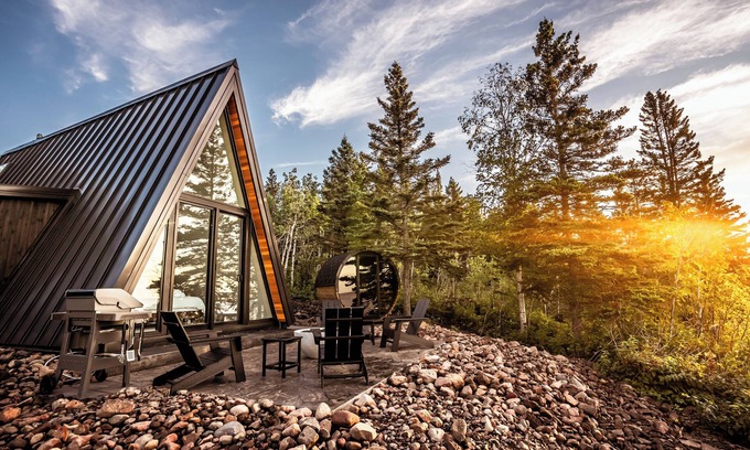 Tofte Cabin | Kalliot: Lakefront Tiny A-Frame w/Barrel Sauna + EV Charger