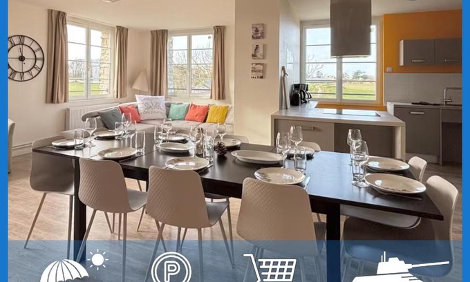 Vierville-sur-Mer Apartment | Les sables d'or Grand apt lumineux bien équipé 1er étage vue panoramique sur campagne près superette, à 600 m plage proche Omaha Beach et pointe du Hoc parking gratuit, garage à disposition