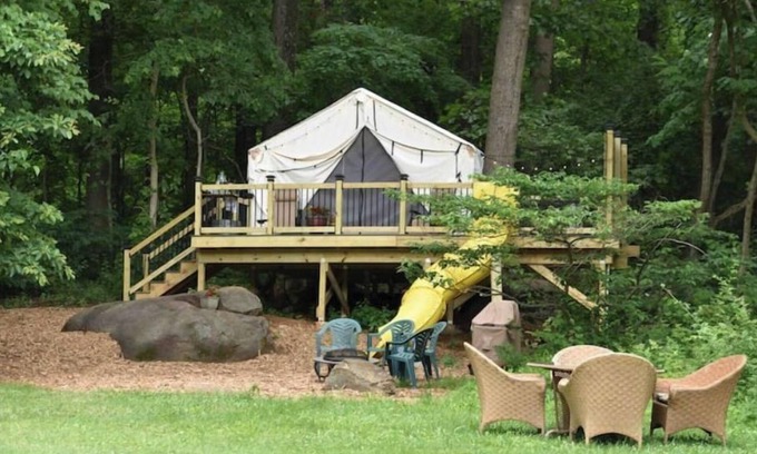 Pottstown RV Rental | Magical Tree House with Hot Tub, Fire Pit & Slide