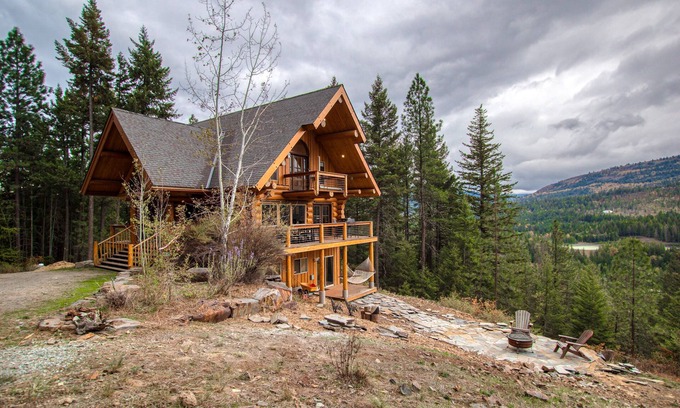 Sagle House | Modern, peaceful log cabin in the woods with incredible lake & mountain views
