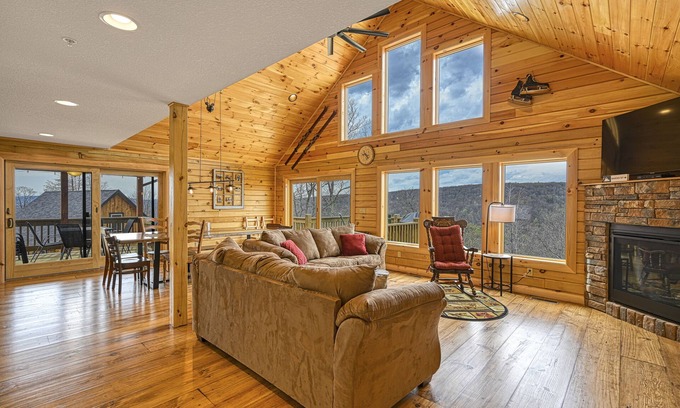 McHenry Cabin | Mountain-view home with hot tub, elevator, balcony, WiFi, AC, & pool table