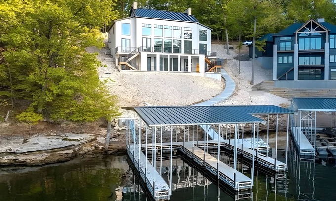 Osage Beach House | NEW Modern Lakefront Retreat, Game Lounge, Private Dock, Sauna, Panoramic Views!
