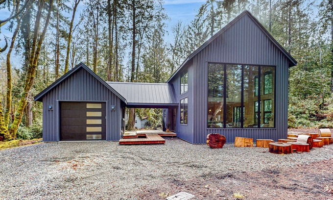 Burley House | Nordic-style home in the forest with private beach access, seasonal pool/hot tub