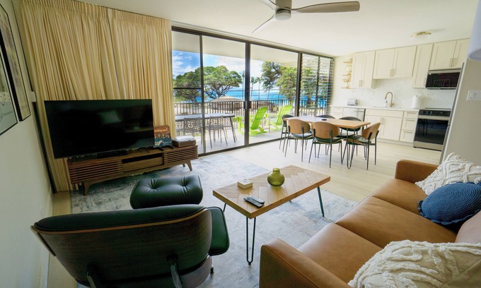 Kihei Condo | OCEAN FRONT modern 2BR 2BA, king bed, laundry, beach, AC, pool, steps to beach!