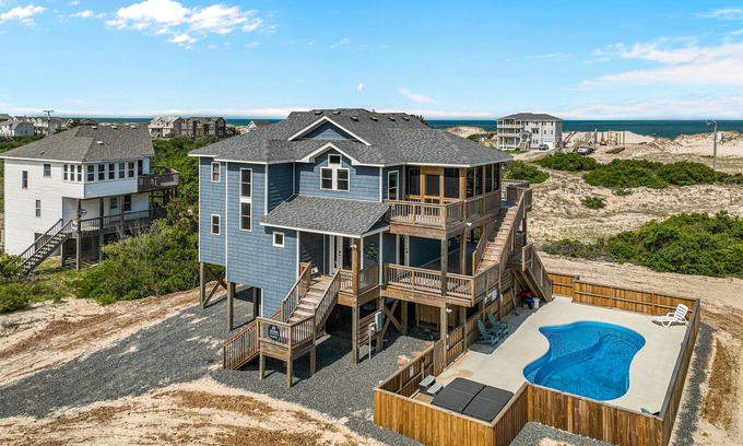 Carova Beach House | Ocean-view home with private pool, hot tub, beach access, grill, fireplace, deck