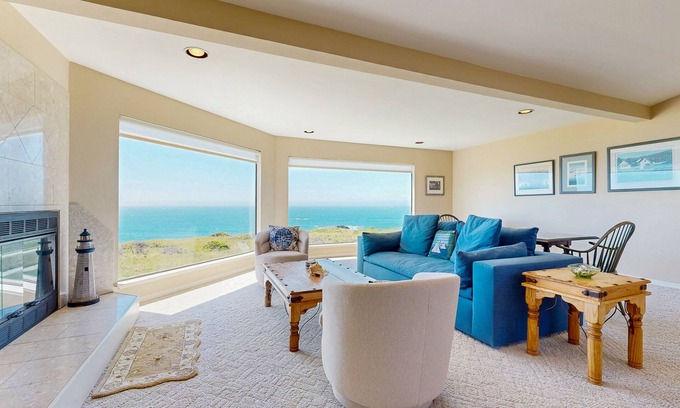 Sea Ranch House | Oceanfront house with shared pool, private hot tub, modern decor, & meadow views