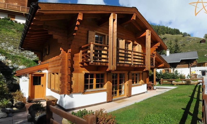 Saint-Luc Ski Chalet | Outside: chalet for 6 people, balcony, semi-covered terrace with furniture, garden, beautiful view,