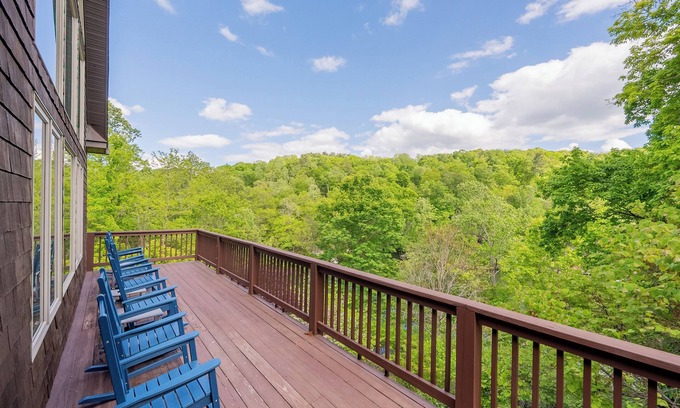 Dublin House | Private lakefront home with dock, forest views, balconies, game room, and cozy indoor charm